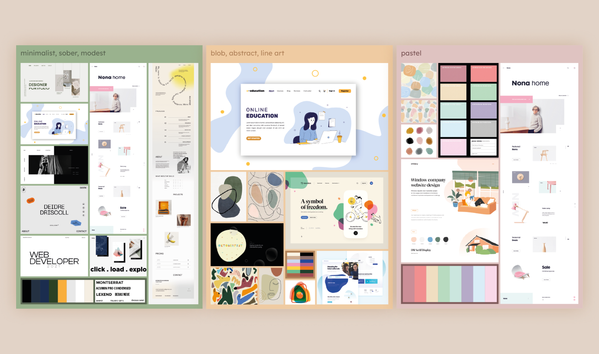 Moodboard divisé en 3 parties : minimaliste / blob / pastel